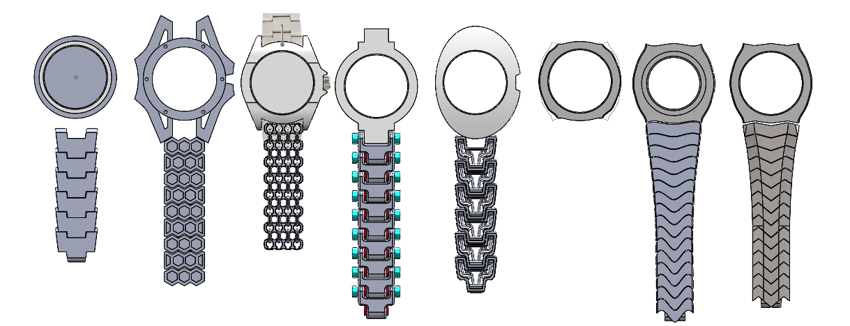 Early 3D models of a watch design, created for additive manufacturing. These initial digital prototypes explore case geometry, strap integration, and ergonomic fit, demonstrating the iterative process of refining form, functionality, and style through 3D printing. Perfect example of rapid prototyping and concept development in wearable technology.